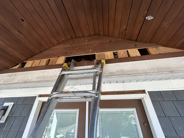 A porch ceiling opened up under the roof edge, a ladder set up beneath it